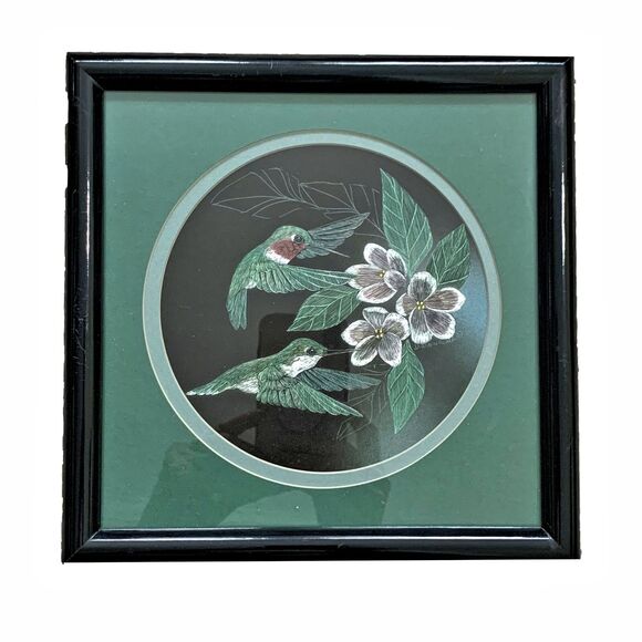 Sharon Wald Original Scratchboard ART Print Signed  Original Scratchboard Hummingbird Etching Sharon Wald Signed Framed Cottagecore